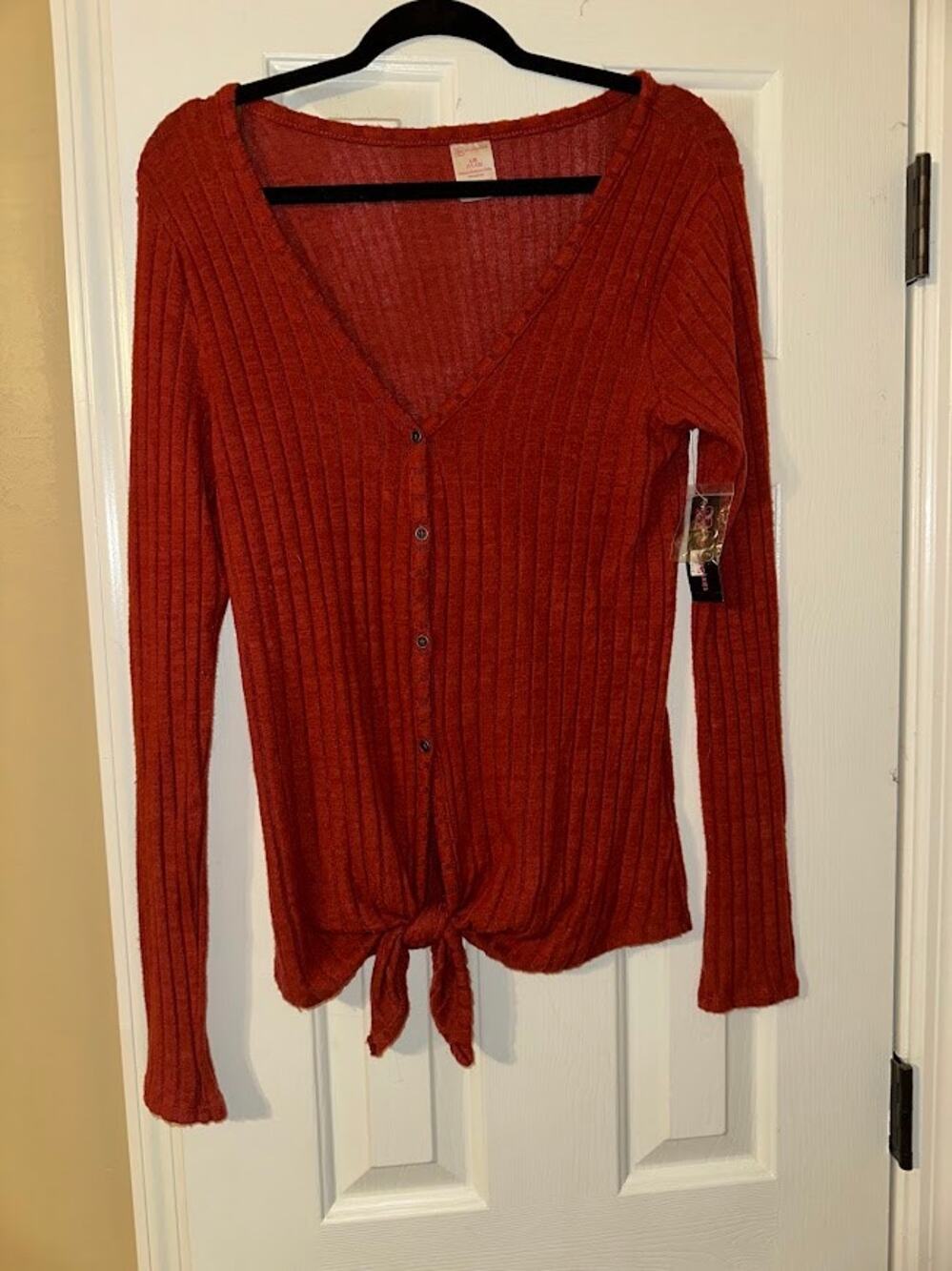 No Boundaries Rust Ribbed Tie-Front Top